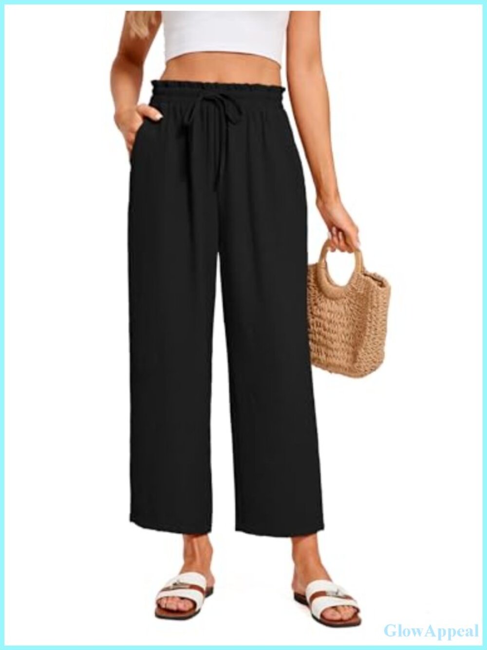 Women Summer Palazzo Ankle Pants with Pockets Wide Leg